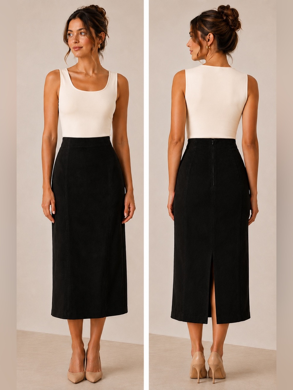 BRANDON THOMAS Black High-Waist Midi Leather Suede Pencil Skirt